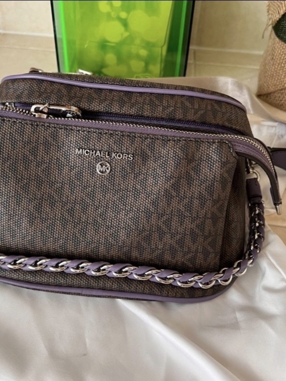 Michael Kors Brown MK Logo Crossbody with Lavender Trim
